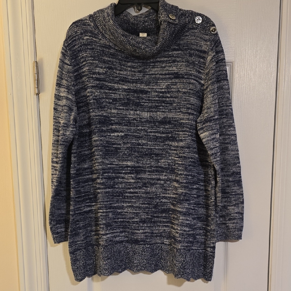 Coldwater Creek Blue Marled Cowl Neck Sweater With Buttons On One Shoulder